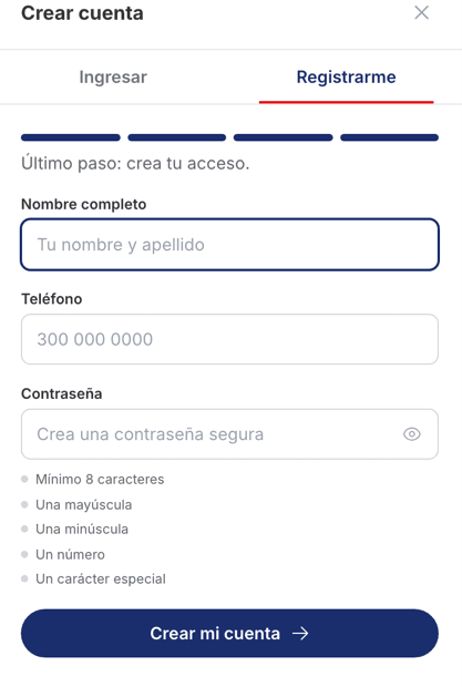 Formulario final con nombre, teléfono y contraseña